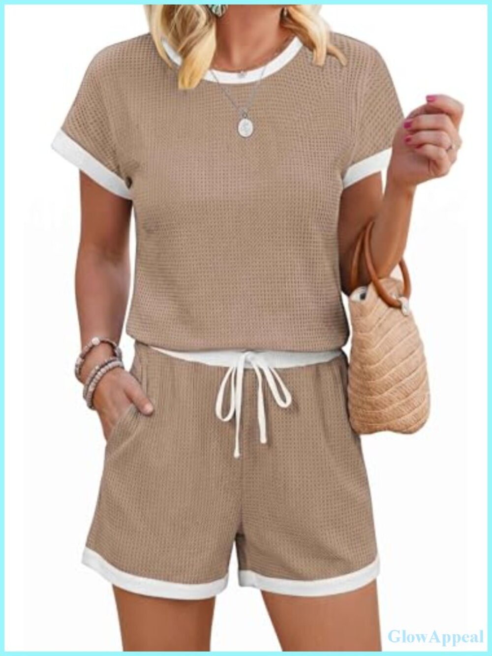 Women's Waffle Romper Jumpsuit Casual Shorts Drawstring Waist One Piece Lounge